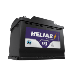 Automotive lead-acid car battery with HELIAR branding on a purple label.