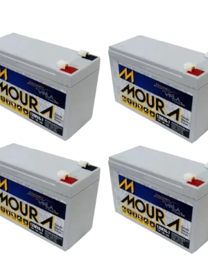 Four Moura car batteries arranged in a loose cluster.