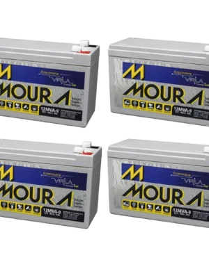 Four Moura automotive batteries arranged in a grid on a white background (12V each).