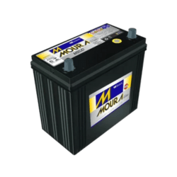 Moura car battery with black case and two top terminals, label visible on side.