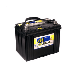 Black Moura car battery with a top handle and yellow-blue label on a white background (informational image).