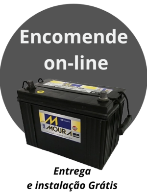 Circular gray banner reading 'Encomende on-line' placed above a black car battery.