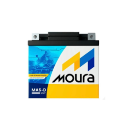 Automotive car battery from Moura (MA5-D) with blue and yellow branding on the label.