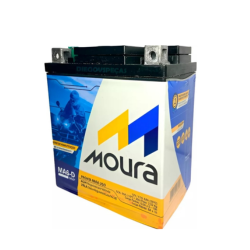 Automotive car battery from Moura with blue and yellow label and top terminals visible.