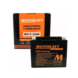 Two Motobatt motorcycle batteries with orange-labeled packaging; one battery in front shows AGM technology and model details.