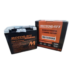 Two Motobatt motorcycle battery boxes, one small and one larger, black with orange accents on a white background.