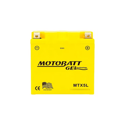 Yellow Motobatt Gel MTX5L motorcycle battery with top screw terminals and branding visible