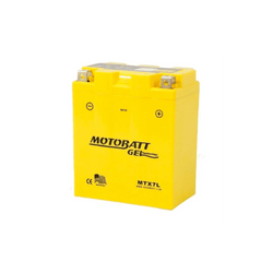 Yellow Motobatt GEL motorcycle battery with top terminals visible
