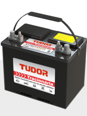 Car battery with Tudor branding and white label, two terminal posts, and a carrying handle, resting on a light gray surface.