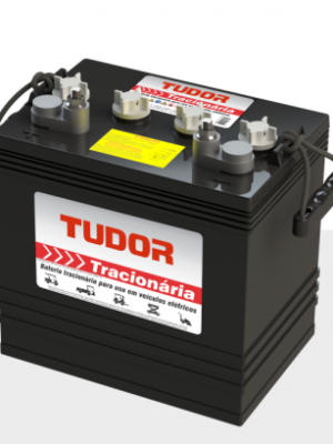 TUDOR traction battery for electric vehicles: black rectangular battery with six top terminals and a red-and-white label.