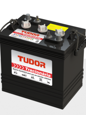 Automotive battery with black case, side TudOR Traicionária label, and top terminals.