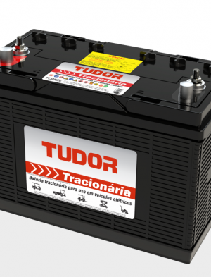 Car battery with TudOR Tração label on the front, viewed at an angled perspective showing terminal posts on top