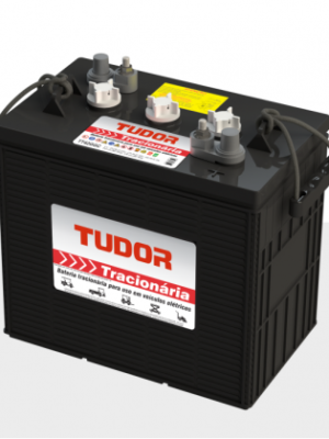 Black car battery with Tudôr Tração label on the side and terminal posts on top