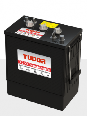 Black Tudor traction battery with top terminals and label, shown on a light gray surface.